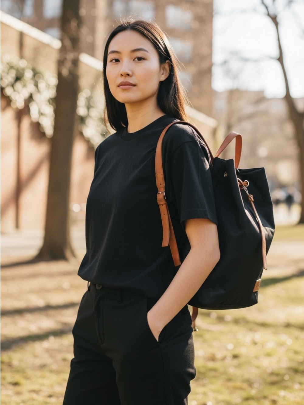 DSW Everyday Black Canvas Backpack with Tan Leather Straps